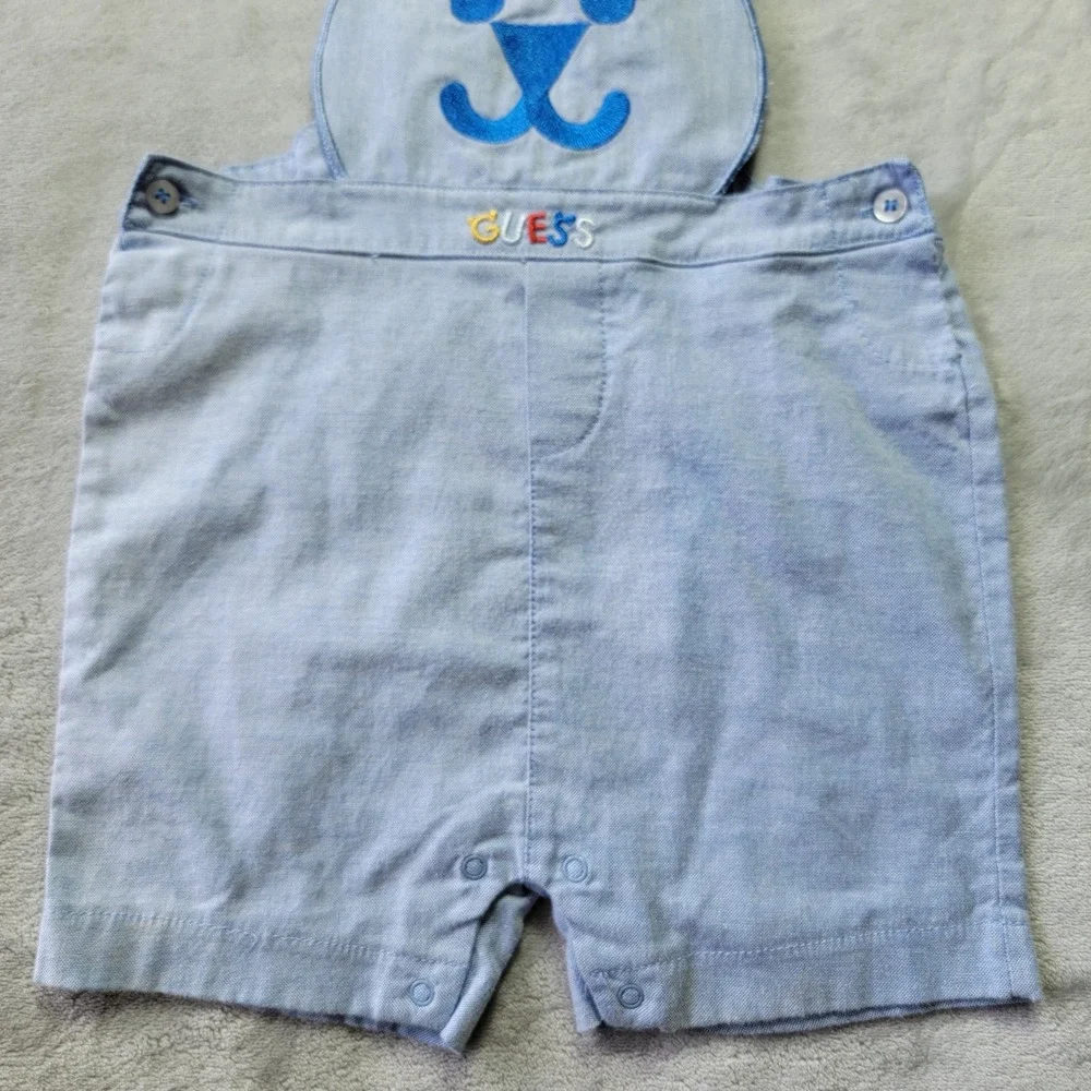 Guess‎ Baby Boy 12M Blue Bear Embroidered Shortall Overalls Chambray Adjustable